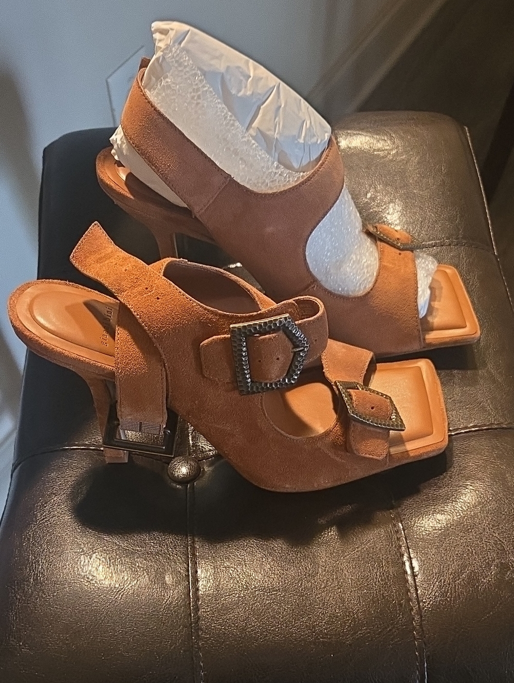 Gianni Bini Tan Suede Slingback Heels with Buckle Accent